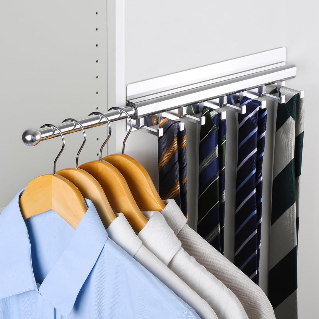 BaiNong Valet Rod for Closet Pull Out 12IN with 8 Hooks,Adhesive Silver Closet Valet Rod Slide Out