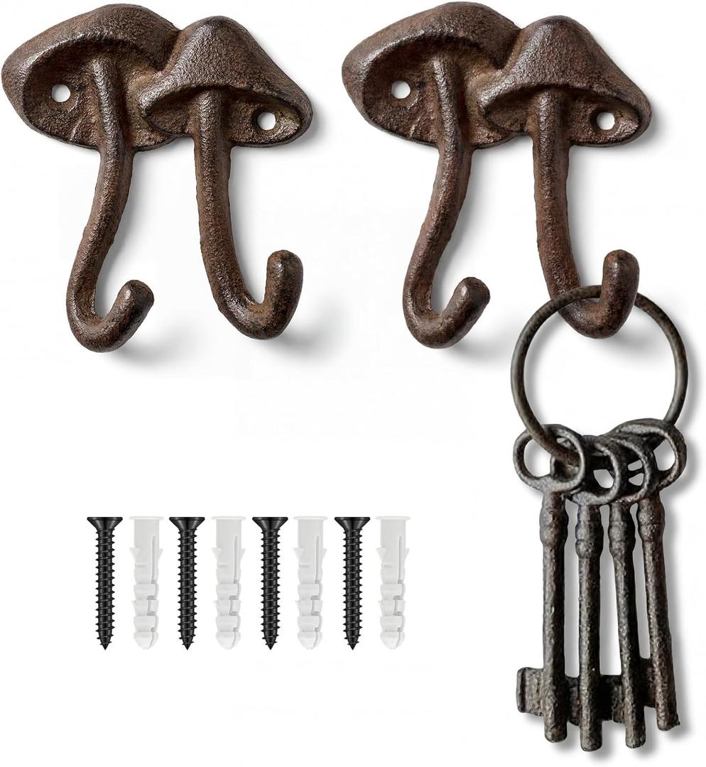 Frienda Set of 2 Mushroom Wall Hook Antique Decorative Coat Hook Heavy Duty Wall Hanger Mushroom Rack Hanger with 2 Hooks and Screws for Hanging Clothes, Coats, Towels, Keys and Hats (Antique Black) (Dark Brown)