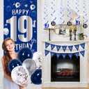 19th Birthday Decorations for Boys Men Girls, Blue Silver Happy 19th Birthday Decorations Boy with Bday Backdrop Banner Balloons Tablecloth Hanging Swirls Triangle Flag - 19 Year Old Party Supplies