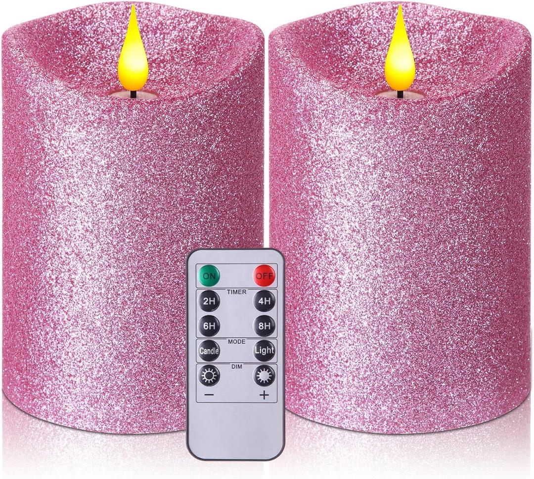 Retisee 2 Pcs Valentine's Day Glitter Flameless Candles, 3.5'' x 5'' Realistic Artificial Metallic Flame LED Candles Battery Operated Candle with Remote for Wedding, Birthday(Pink)