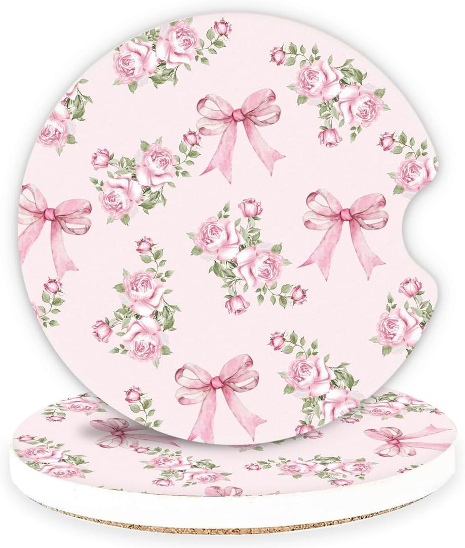 Ceramic Car Coasters  Absorbent Car Cup Holder Coaster Set for Women, Cute Aesthetic Car Accessories for Girls, 2 Pack (Blush)