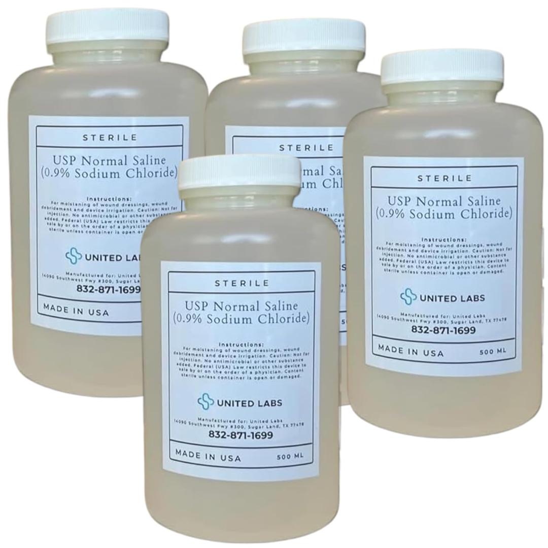 0.9% Sterile Saline Solution USP Normal 0.9% Sodium Chloride  Made in USA - 4 Pack Each 500 ml (2,000 ml Total)