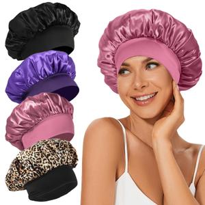4Pcs Satin Bonnet Silk Bonnet, Hair Bonnet for Sleeping, Elastic Wide Band Sleep Cap, Soft and Breathable Silk Hair Wrap for Sleeping (Black Purple Rose Leopard)