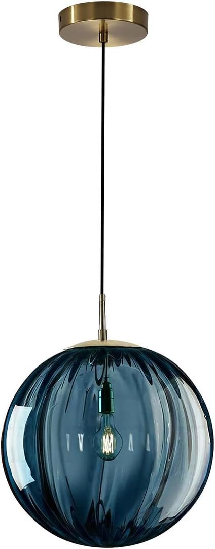KCO Lighting Modern Large Globe Pendant Light 1-Light Single Blue Glass Pendant Lighting Kitchen Island Vintage Ribbed Glass Pendant Light Contemporary Gold Hanging Light Fixture (9.8)