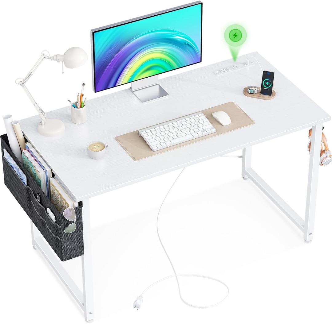 KKL Small Desk with Power Outlets and USB Port Computer Desk for Home Office Gaming Simple Modern Style Writing Desks with Storage Bag Headphone Hook, 40 inch, White