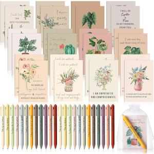 24 Set/48 Pcs Positive Affirmation Gift Set Gratitude Notebooks with Pens Small Bags Motivational Encouragement Notepads Daily Affirmations Journal for Women Stress Relief Self Care (Flower)