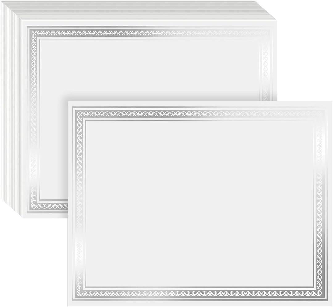 Juvale 50 Sheets Silver Foil Certificate Paper for Printing - Customizable Blank Cardstock with Border for Graduation Diploma, Achievement Awards, Recognition Documents (8.5 x 11 in, White)