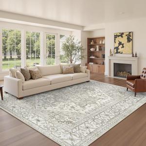 Area Rugs for Living Rooms - 6x9, Boho Non-Slip Low Pile Carpet Machine Washable Rugs for Bedroom, Farmhouse, Office, Dining Room (Beige)