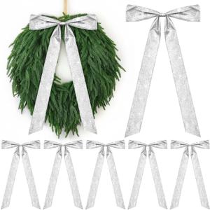 6Pcs Silver Large Metallic Glitter Long Christmas Bows 23.5 x 8.7'' Metallic Christmas Wired Ribbon Bow with Twist Tie for Xmas Tree Wreath Garland Staircase Fireplace Indoor Outdoor Decoration