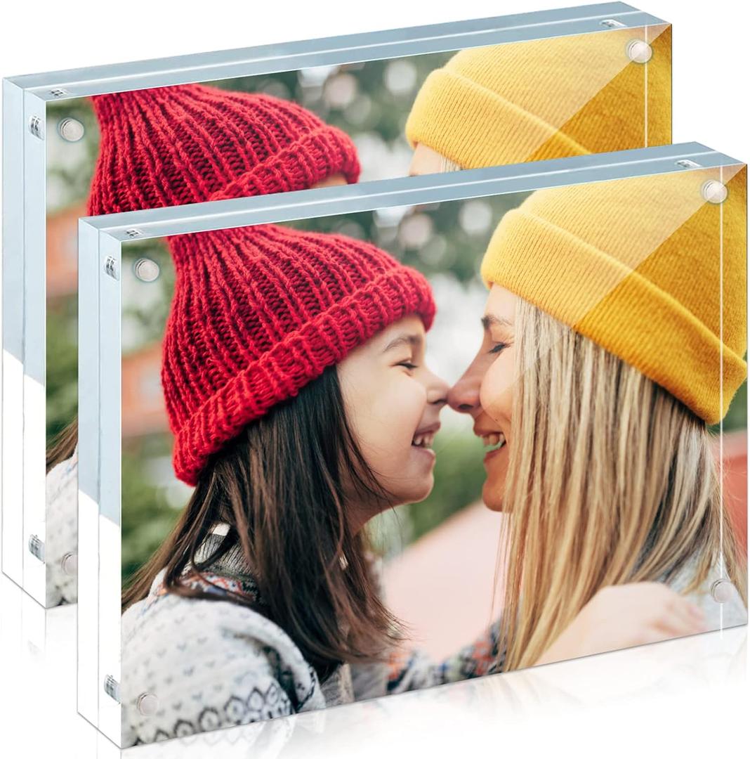 ILYXY 2 Pack Acrylic Frame 4x6, 20% Thicker, 20mm Thick Frameless Clear Picture Frame, Double Sided Magnetic Photo Frame, Free Standing Desktop Display Stand Acrylic Picture Frames