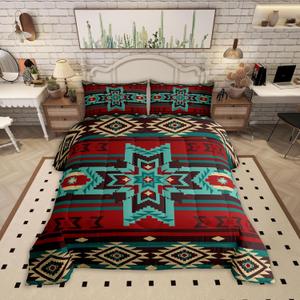 Western Comforter Set Queen Size,Southwest Tribal Bedding Set Retro Aztec Pattern Quilted Duvet 3pcs for Kids Girls Boys Women Room Decor,Brown Red and Cyan Stripes Duvet Insert,2 Pillowcases