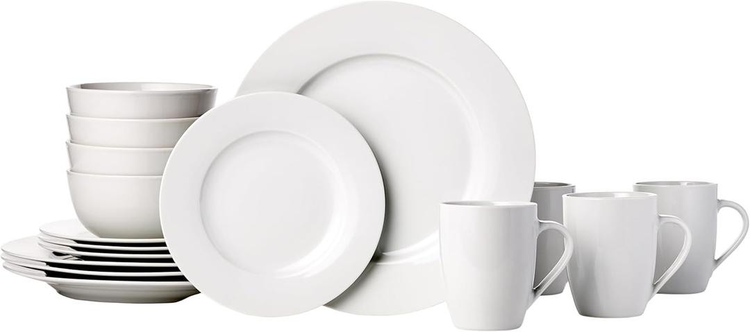 Amazon Basics 16-Piece Porcelain Dinnerware Set, Microwave and Dishwasher Safe, Service for 4, Plates, Bowls and Mugs, White