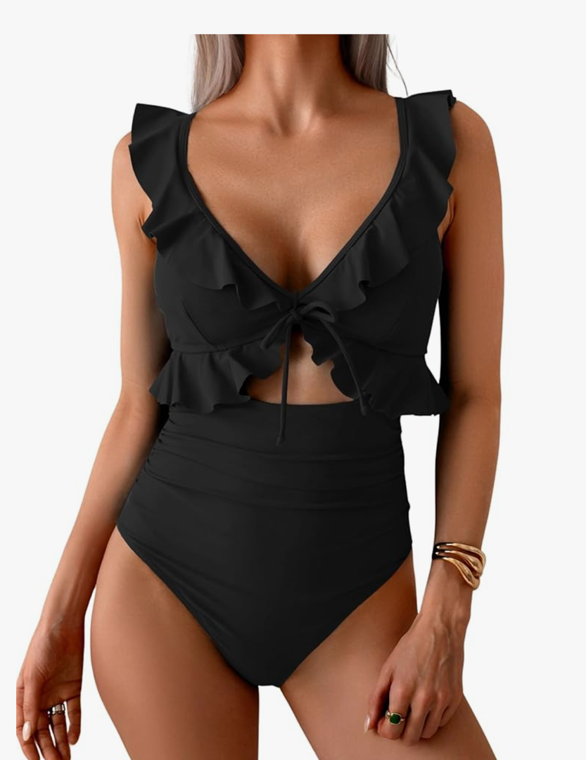 Eomenie One Piece Swimsuit for Women Tummy Control Ruffle Bathing Suit V Neck Ruched Swim Suit Slimming Cutout Swimwear, Size-L