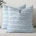 MIULEE Set of 2 Decorative Boho Throw Pillow Covers Linen Striped Jacquard Pattern Summer Cushion Covers for Sofa Couch Living Room Bedroom 16x16 Inch Light Blue