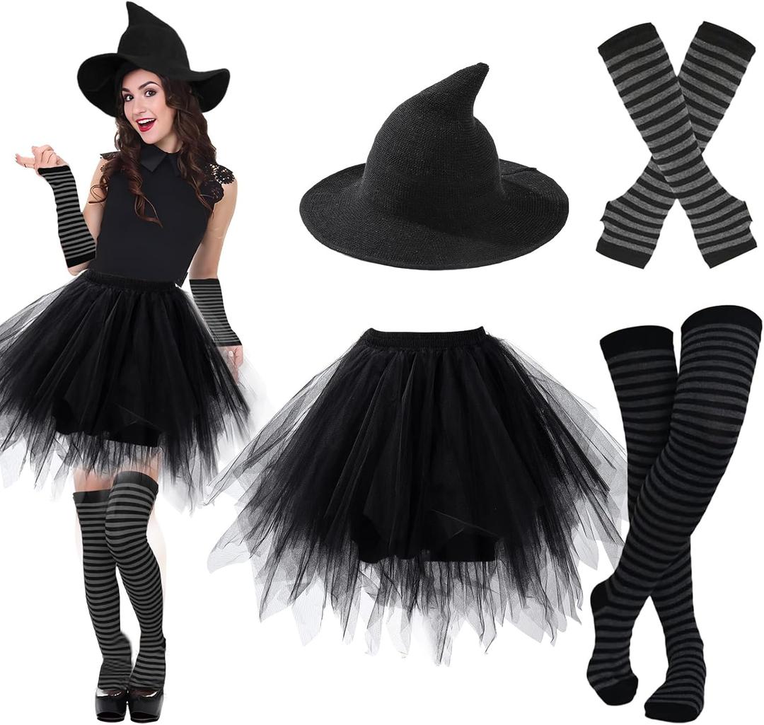 Ibeauti Halloween Witch Costumes for Women Gothic Cosplay Witch Hat Tutu Skirt Striped Knee High Socks Arm Warmers Set (Black)