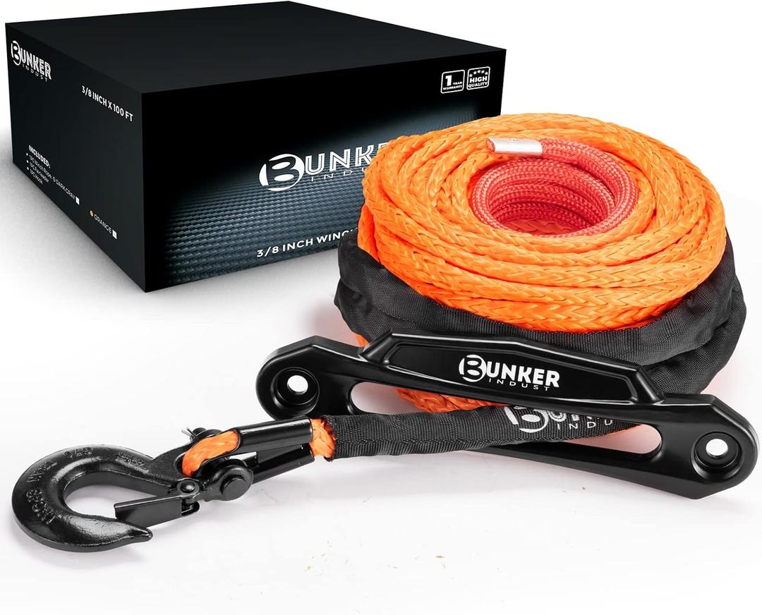 BUNKER INDUST Synthetic Winch Rope Kit,3/8" x 100' 23809LBS Winch Line Cable Replacement with Protective Sleeve+Winch Fairlead+Hook for 4WD Off Road Vehicle Jeep Truck ATV UTV SUV(Orange)
