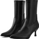 Kitten Heel Ankle Boots for Women Pointed Toe Stacked Stiletto Booties with Side Zipper Mid Calf Short Fashion Dress Boots (8.5, Black Pu)