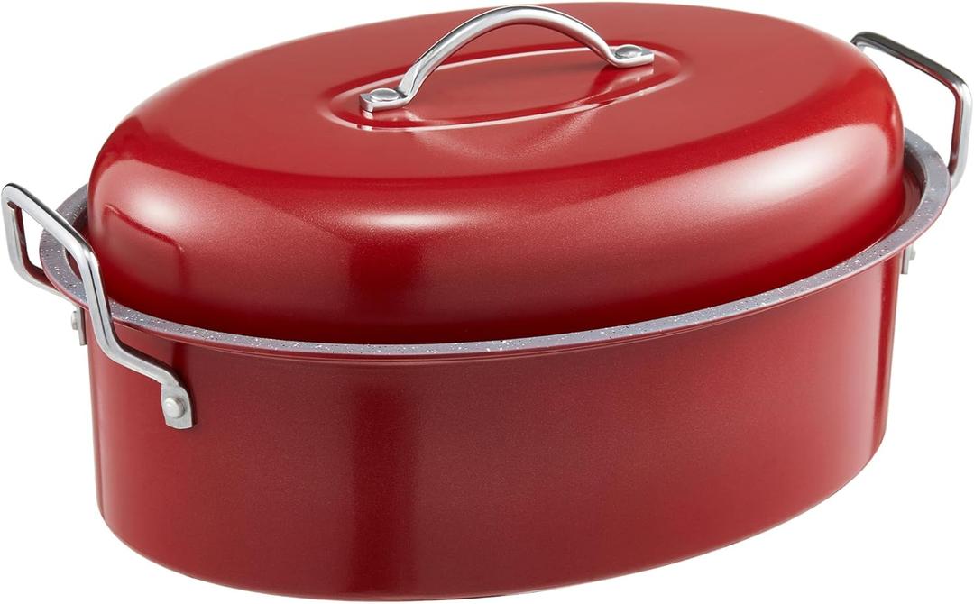 HONGBAKE 18 Inch Turkey Roasting Pan with Rack and Lid  Large Red Carbon Steel Roaster Pan for 20 lb Turkey, Oven Safe Baking Pan for Holiday Meals & Thanksgiving