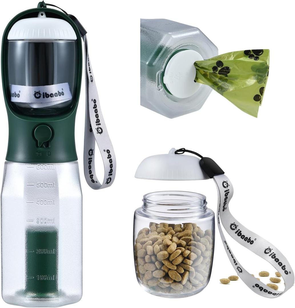 Dog Water Bottle with Food Container & Poop Bag Holder, Travel Water Bowl, Portable Pet Dispenser, Dog Stuff Accessories Items, Puppy Essentials Necessities for Yorkie Chihuahua Walking Hiking (20 Ounces, #07 Dark Green)