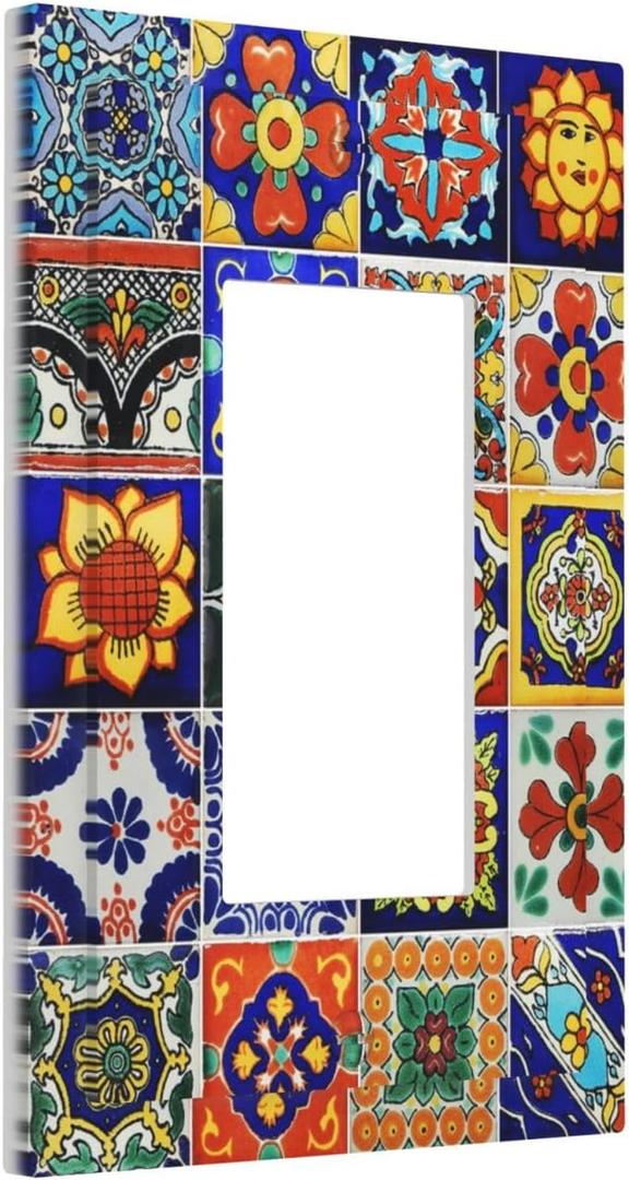 Traditional Colorful Talavera Mexican Spanish Moroccan Tiles Single Rocker/Decora Light Switch Plate Decorative 1 Gang Outlet Cover Faceplate GFCI Electrical Receptacle Wallplate Dimmer for Home Decor