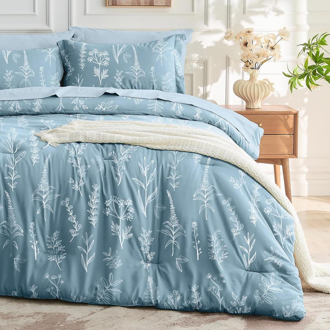 MUXHOMO Blue Bed in a Bag King 7 Pieces, King Comforter Set Reversible Botanical Flowers Design, Ultra Soft & Breathable Bedding Sets with Comforter, Sheets, Pillowcases & Shams