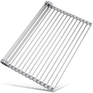 Tomorotec 17.7" x 15.5" Roll Up Dish Drying Rack Over Sink Drying Rack Sink Cover Kitchen Sink Accessories Gadget Multipurpose Organizer Foldable Stainless Steel Drainer (Grey) (Gray)