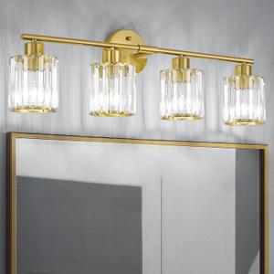 Crystal Bathroom Light Fixtures, Bathroom Lighting Fixtures Over Mirror, Modern 4-Light Gold Vanity Lights for Mirror, Restroom, Kitchen(Ceramic E26 Socket, Bulbs Not Include)