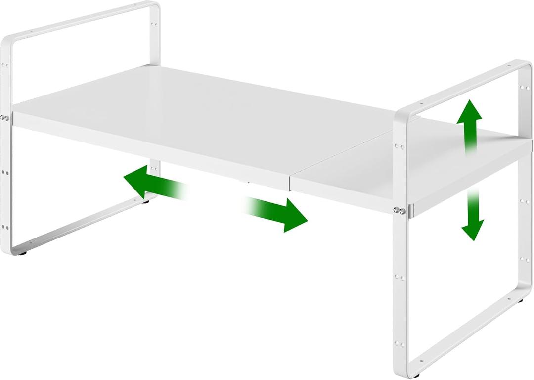 LOCVCDA Expandable Cabinet Organizer Shelf, Adjustable Height Organizer Riser for Kitchen Cabinet Spice Rack Locker Pantry Cupboard Under Sink Countertop Desk Organization Metal Stackable Shelves (16.5"-27" L x 8" W x 9.6" H, White-1pack)