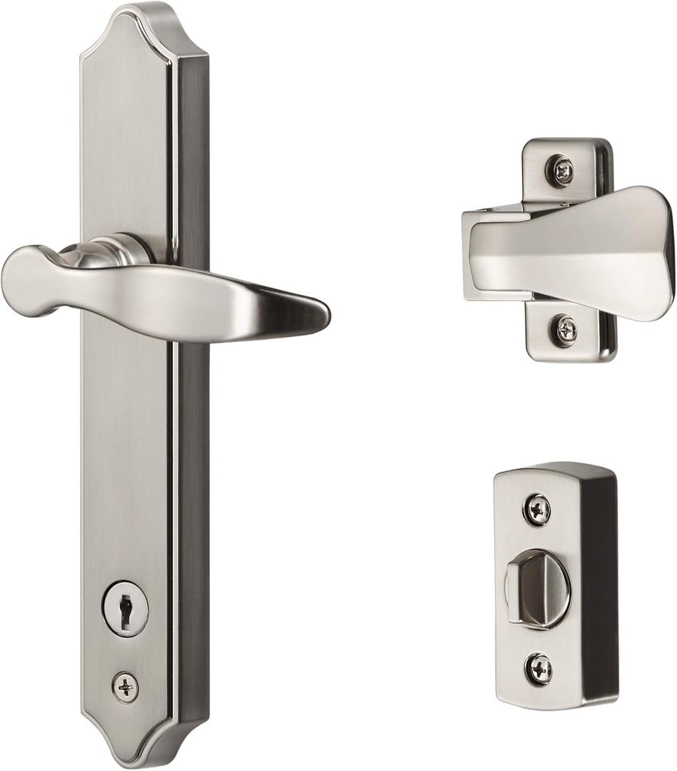Ideal Security BK1215SC ML Lever Set Handle for Storm Doors and Screen Doors with Keyed Deadbolt Lock, 2-Posts with Tie-Down Screw, Surface Mount, Satin Chrome (Satin Silver)