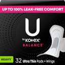 U by Kotex Balance Ultra Thin Pads with Wings, Heavy Absorbency, 32 Count 