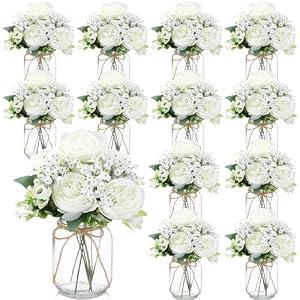 Zeyune 12 Sets Mason Jar Flowers Centerpiece Table Decorations,White