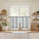 jinchan Striped Linen Kitchen Curtains 20 Inches Length Tier Curtains Farmhouse Modern Cafe Style Small Window Treatments Airy Light Filtering Rod Pocket for Living Room Bathroom 2 Panels, 26"W x 20"L (Pack of 2), Rod Pocket Striped Blue