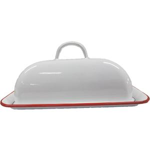 Vintage Farmhouse Red Rim Enamel Butter Dish - Vintage Retro Keeper for Kitchen, Countertop & Fridge  Unique Handmade White Container for West/East Butter, Large