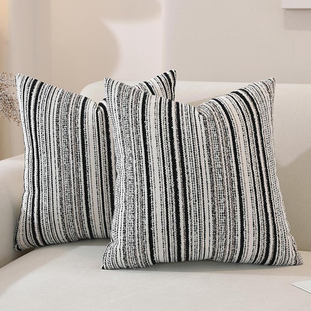 3 x Chenille Throw Decorative Pillow Covers 18x18 Set of 2, Textured Striped Boho Couch Pillow Covers, Cozy Neutral Farmhouse Cushion Cover for Couch Sofa Bedroom Living Room, Black