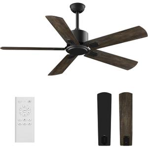 52 Inch Ceiling Fan No Light - Outdoor Indoor Flush Mount Low Profile DC Motor Fan with Remote, 5 Blades Reversible Silent Fan for Patio, Bedroom, Living Room, Garage, Brown