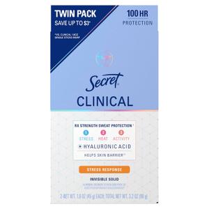 Secret Clinical Strength Antiperspirant Deodorant for Women, Stress Response, 100hr Sweat & Odor Protection, 3X Stress Protection with Hyaluronic Acid, PH Balanced, Invisible Solid, 1.6 oz (Pack of 2)