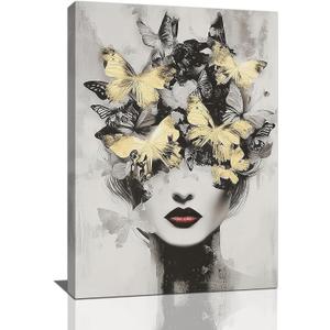 Gold Butterfly Woman Wall Art Black and White Female Wall Decor Modern Grey Aesthetic Canvas Pictures Paintings Prints Artwork Framed Decorations For Beauty Salon Spa Bathroom Bedroom Living Room Office Gifts 16" x 24"