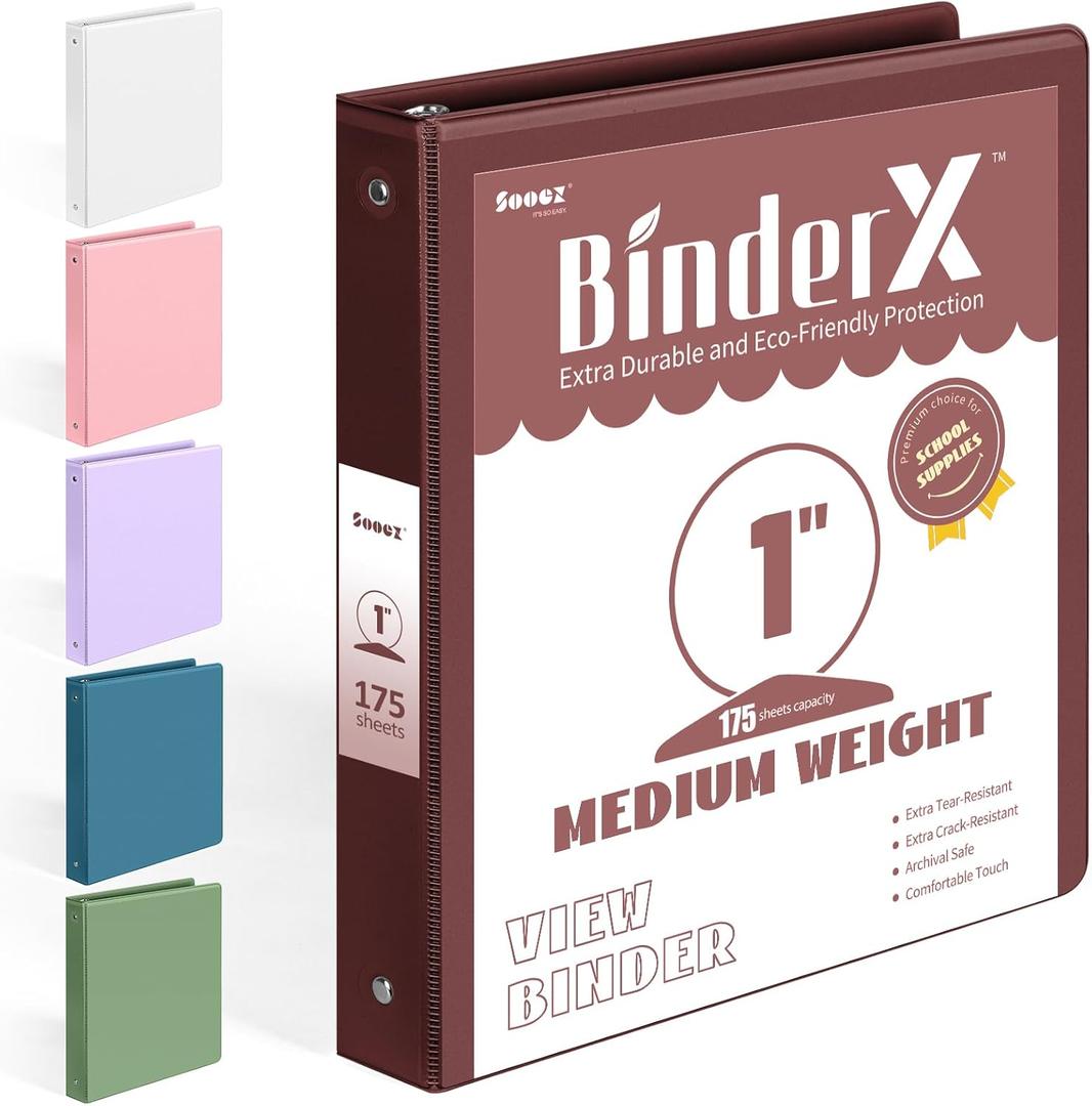 BinderX Extra Durable 3 Ring Binder, Round Ring 1 Inch, Fits 175 Sheets, Customizable View Cover, School Supplies for Girls, Burgundy Red