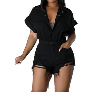 Denim Rompers for Women Sexy Short Sleeve Bodycon Short Pants Jeans Jumpsuits with Belt Pockets Botton Down(XX-Large)