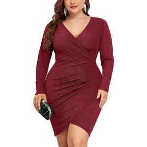 ZOMVA Plus Size 0X-4X Sparkly Glitter Ruched Bodycon Mini Dress Sparkle Sequin Wrap Ruffle Sleeve Dress Cocktail Party Formal (Red, XXXL)
