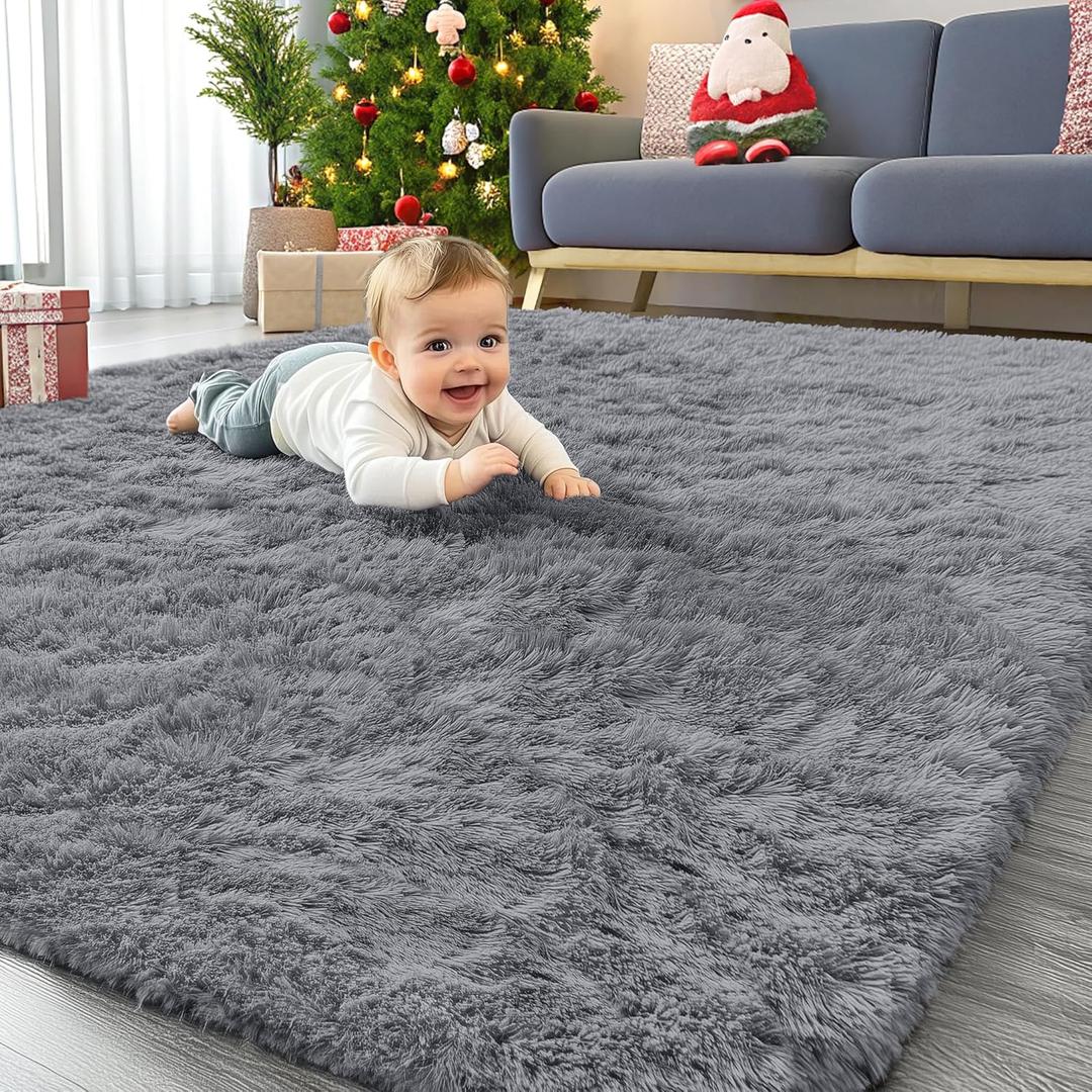 OLANLY Area Rugs for Living Room Bedroom, Machine Washable 4x5.9 ft Soft Fluffy Shaggy Bedside Rug, Indoor Floor Carpet for Kids Girls and Boys, Dorms, Nursery Rooms, Home Decor Aesthetic, Light Grey