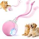 Interactive Electric Automatic Rolling Moving USB Rechargeable Self Activated Play Stimulation Toy Smart Chase Teaser Ball with Speedy Tail Rope for Bored Adult Indoor Cats and Dogs, Pink