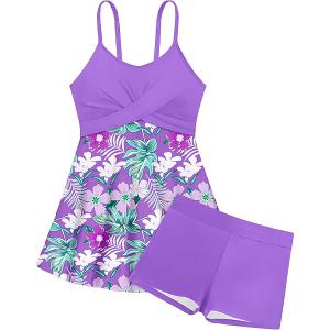 Women's Two-Piece Women's Floral Halterneck Tank Top with Boyshort Tummy Control 2-Piece Swimsuit Women's Tummy Control Woman Swimwear Swimsuits Tankinis  (15-16 Years)
