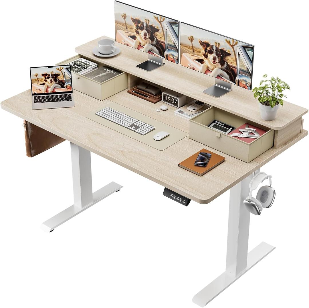 Veken 47x28 in Electric Standing Desk with Drawers, Adjustable Table, Wood, 47.2×28 Inch