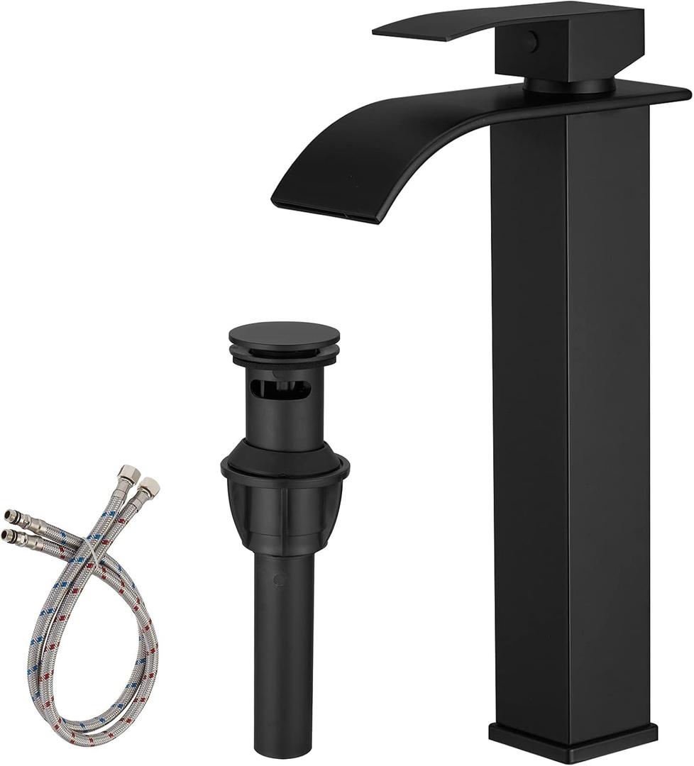 BWE Black Vessel Sink Faucet Single Handle Single Hole Stainless Steel Bathroom Faucet with Waterfall Spout Sink Faucet Lavatory Vanity Deck Mount Mixer Tap (Tall Vessel Sink Faucet, Matte Black)