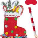 PCFING 21.6 Inch Christmas Stocking Piata with 30 Inch Piata Stick Blindfold Confetti for Boy Girl Adults Xmas Party Game Decorations