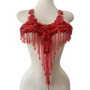 Pure Handmade Rhinestones Beads Patches Trim Bodice Applique Sewing Fringe Tassel Chain for DIY Clothing Wedding Decoration 15X19.6inches (Red)