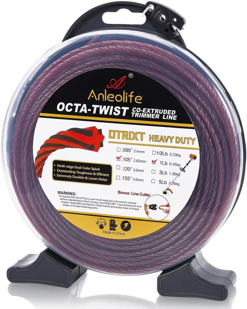 A ANLEOLIFE 1-Pound Heavy Duty Octa-Twist .105-Inch-by-256-ft Trimmer Line Donut,OTRIXT Co-Extruded Multi-Edge Spiral Weed Eater String, Red