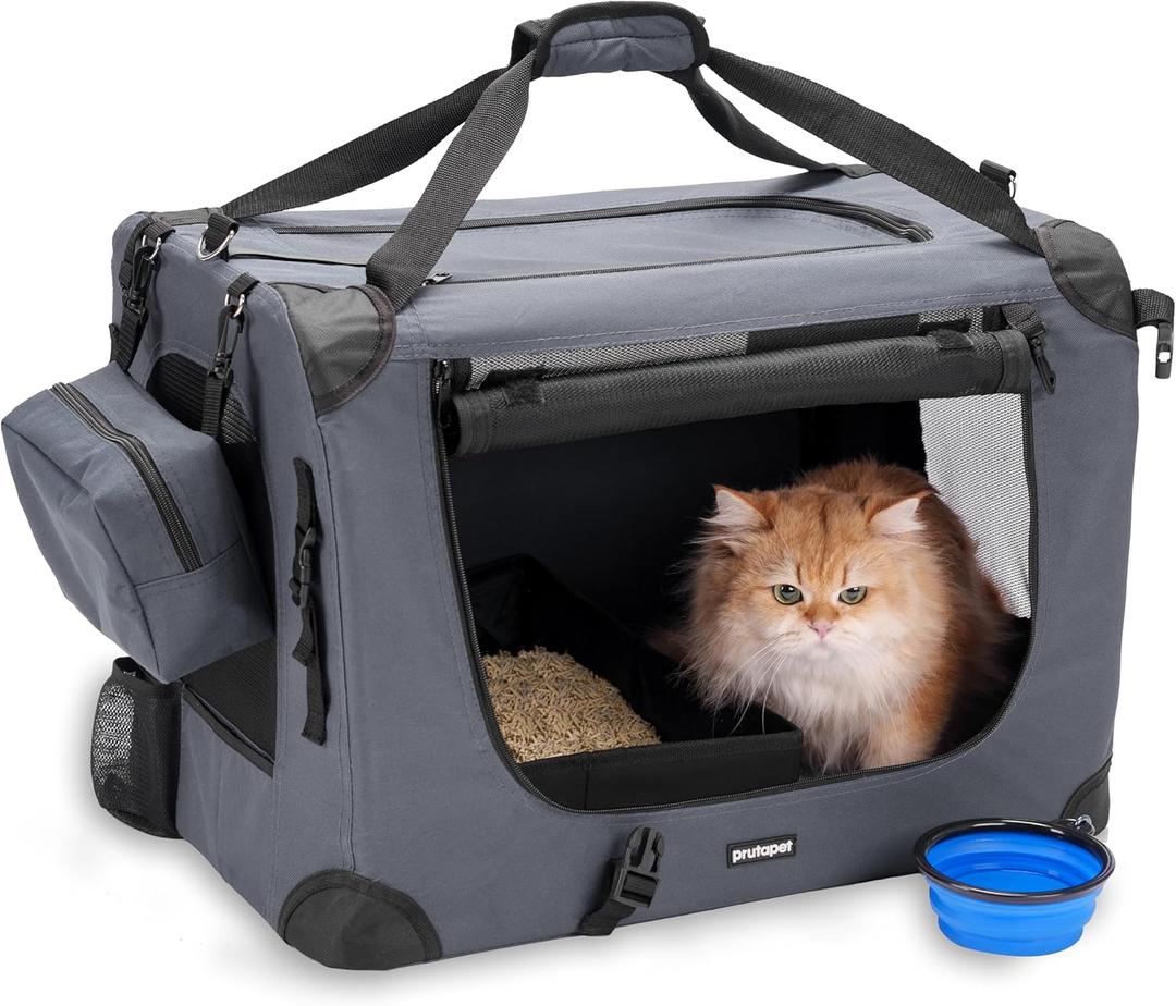 Large Cat Carrier 24"x16.5"x16.5" Soft-Sided Portable Pet Crate for Car Traveling with Collapsible Litter Box and Bowl (Grey)