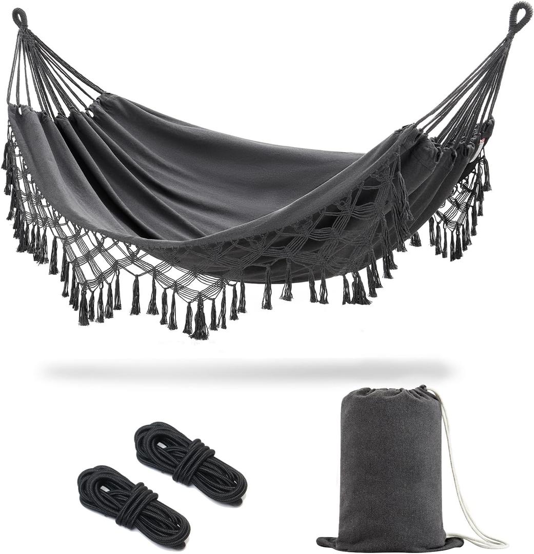 JoyView Boho Macrame Double Hammock with Hanging Ropes & Elegant Tassels 86.6x59 Portable Cotton Hammock for Patio Backyard Porch 450LBS Weight Capacity Perfect for Outdoor/Indoor - Dark Grey